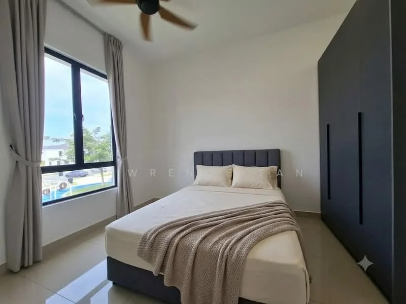 Bedroom features: queen-size bed, upholstered headboard, bedside lamps, floor-to-ceiling windows, sheer curtains, light-colored bedding, decorative throw blanket, built-in wardrobe, cream painted walls, glossy tile flooring, ceiling fan; style: modern; view: garden.