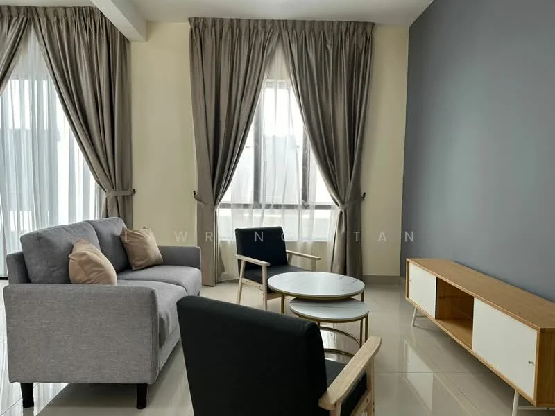 Living features: grey fabric sofa, 2 beige throw pillows, black armchair, round coffee table with metallic surface, wooden TV console, floor-to-ceiling windows with sheer curtains, grey accent wall, glossy tile flooring; style: modern.