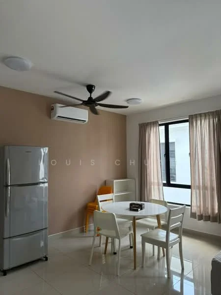 Dining features: round dining table, 4 white dining chairs, stainless-steel fridge, wall-mounted split AC, ceiling fan, beige painted walls, floor-to-ceiling window with sheer curtains, white tiled flooring; style: modern.