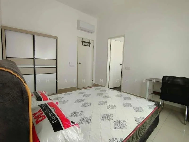 Bedroom features: queen-size bed, upholstered headboard, built-in wardrobe with sliding doors, desk with chair, wall-mounted air conditioning unit, white painted walls, tile flooring, door leading to hallway; style: modern.