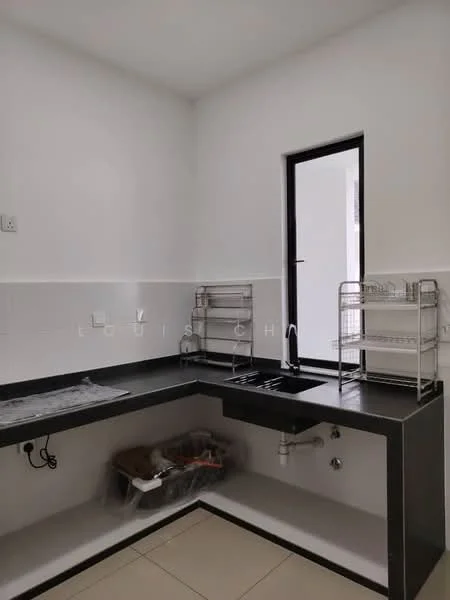 Kitchen features: black countertop, single-bowl stainless-steel sink, chrome pull-down faucet, white tiled backsplash, white painted walls, floor-to-ceiling window, metal dish rack, metal storage rack, ceramic tile flooring; style: modern.