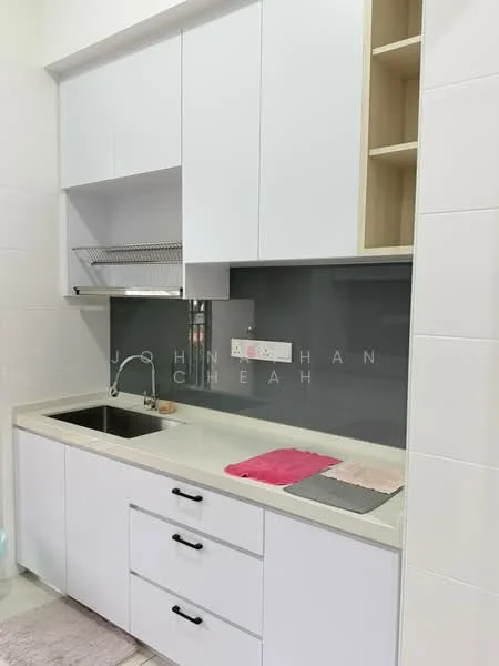 Kitchen features: white cabinetry with flat-panel doors, grey backsplash, light-colored countertop, single-bowl stainless-steel sink, chrome pull-down faucet, built-in kitchen hood, open shelving, 3 drawers, 2 dish towels, wall-mounted electrical outlets; style: modern.