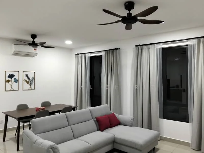 Living features: L-shape sectional sofa in grey, red accent cushion, 2 ceiling fans, 1 wall-mounted split AC, floor-to-ceiling windows, sheer curtains, blackout curtains, light-colored walls, tile flooring, dining table with 4 chairs, framed artwork on walls, recessed lighting; style: modern.