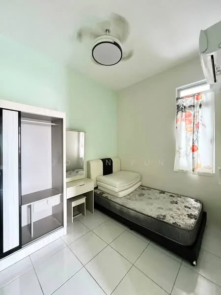 Bedroom features: single bed with mattress, white painted walls, light green accent wall, white ceiling with light fixture, ceiling fan, window with floral curtain, built-in wardrobe with sliding doors, study desk with mirror, tile flooring; style: modern.