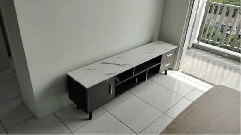 Room features: white tiled flooring, light grey walls, marble-top console table, black cabinet with drawers, open shelving, metal legs on console table, sliding glass door, natural light from sliding door; style: modern.