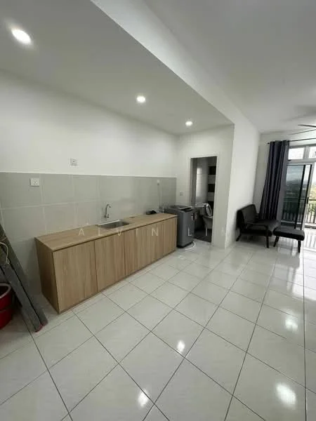 Kitchen features: wooden cabinetry, single-bowl stainless-steel sink, chrome pull-down faucet, grey tiled backsplash, white tiled walls, white tiled flooring, recessed LED downlights, built-in refrigerator, open layout, floor-to-ceiling windows, curtains, seating area with chair; style: modern; view: garden.