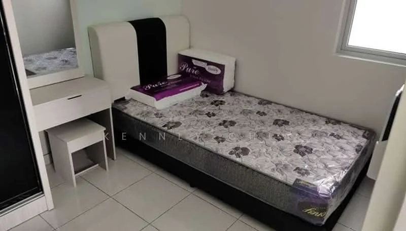 Bedroom features: single bed with mattress, upholstered headboard with black and white design, bedding with floral pattern, white bedside table, mirror on dressing table, tiled flooring, window with natural light, built-in wardrobe with sliding doors; style: modern.
