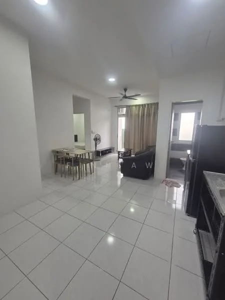 Living features: white painted walls, glossy white tile flooring, 5-blade ceiling fan with light, sofa in dark color, dining table with 6 chairs, curtains in light color, floor-to-ceiling windows, wall-mounted mirror, TV console, refrigerator; style: modern.