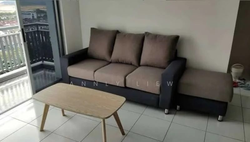 Living features: 3-seater fabric sofa in grey, coffee table with wooden top and light-colored legs, white tiled flooring, floor-to-ceiling sliding glass door, balcony view, neutral painted walls, decorative wall with minimal decor; style: modern; view: city.