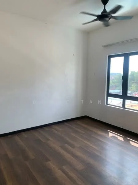Bedroom features: white painted walls, wooden flooring, 5-blade ceiling fan, single window with black frame, natural light from window.