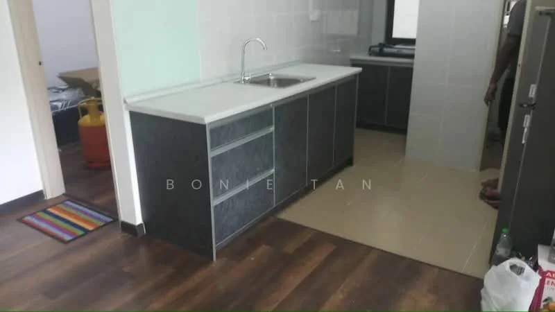 Kitchen features: single-bowl stainless-steel sink, chrome pull-down faucet, white countertop, dark grey cabinetry, open shelving, tile backsplash, ceramic tile flooring, wood laminate flooring, window for natural light, recessed lighting; style: modern. Room features: carpeted flooring, visible furniture, doorway leading to another room.