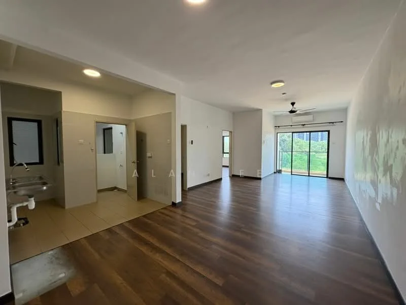 Room features: wooden flooring, white painted walls, ceiling fan, large sliding glass door, floor-to-ceiling windows, natural light, open layout, two sinks in bathroom area; style: modern; view: garden.