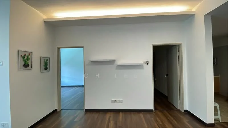 Room features: white painted walls, wooden flooring, recessed lighting, shelves on wall, doorway to adjacent rooms, framed artwork on walls; style: modern.