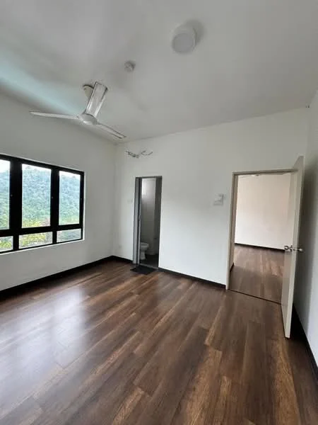 Bedroom features: wooden flooring, white painted walls, 5-blade ceiling fan, floor-to-ceiling windows, door leading to bathroom, natural light from window, mountain view from window; style: modern; view: mountain.