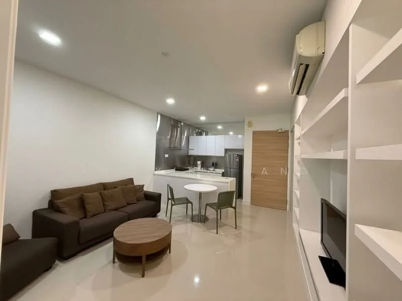 Living features: 3-seater fabric sofa in brown, round dining table, 4 dining chairs, coffee table, wall-mounted TV, built-in shelving unit, recessed LED downlights, floor-to-ceiling windows, cream painted walls, glossy tile flooring, air conditioning unit; style: modern.