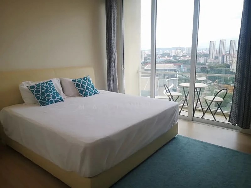 Bedroom features: king-size bed with upholstered headboard, white bedding, two decorative pillows with blue pattern, floor-to-ceiling windows, sliding glass door, balcony access, light wood flooring, curtains in grey fabric, decorative wall with neutral color; style: modern; view: city.