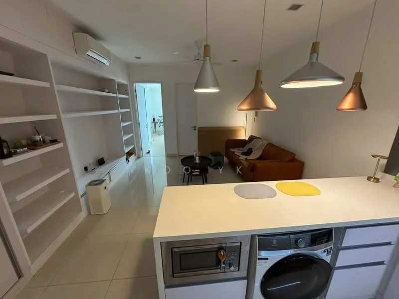 Living features: white painted walls, glossy tile flooring, 5-blade ceiling fan, recessed downlights, brown leather sofa, open shelving, kitchen island with seating, stainless-steel microwave, built-in washing machine, countertop with two placemats, air conditioning unit; style: modern.