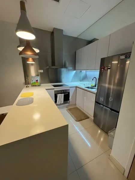 Kitchen features: white cabinetry, stainless-steel refrigerator, built-in oven, 4-burner gas hob, single-bowl stainless-steel sink, chrome pull-down faucet, white countertop, pendant lighting, tile flooring, exhaust hood, backlit countertop, kitchen island, wall-mounted cabinets; style: modern.