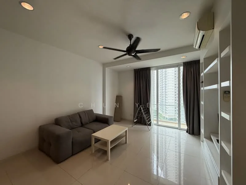Living features: grey fabric sofa, white coffee table, floor-to-ceiling windows, sliding glass door, curtains, 5-blade ceiling fan with light, recessed downlights, glossy tile flooring, wall-mounted air conditioning unit, built-in shelving unit; style: modern; view: city.