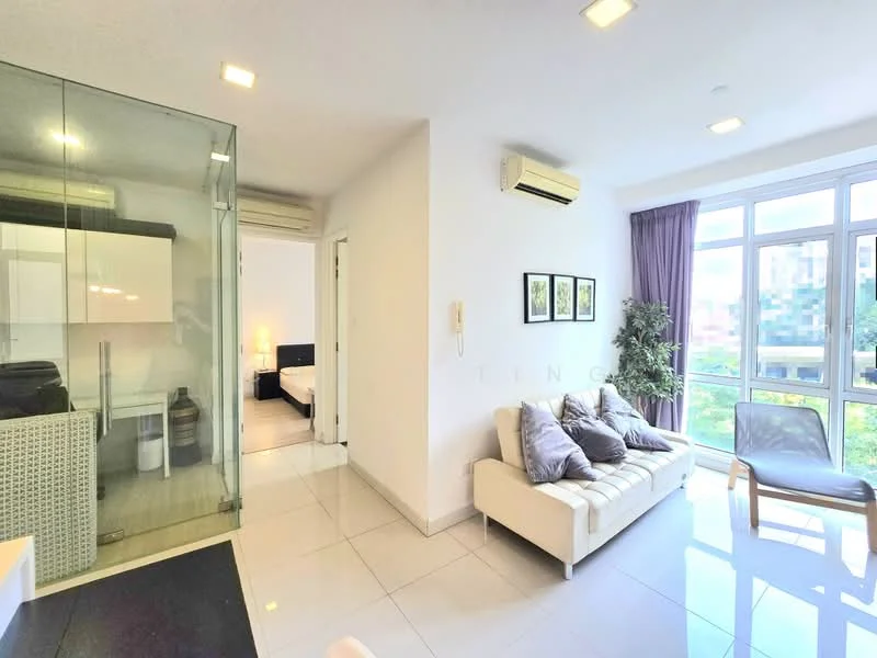Living features: white walls, glossy tile flooring, sofa with cushions, armchair, floor-to-ceiling windows, curtains, wall-mounted air conditioning unit, decorative plants, coffee table; style: modern; view: garden. Room features: white walls, glossy tile flooring, bed visible in background, doorway leading to another room.
