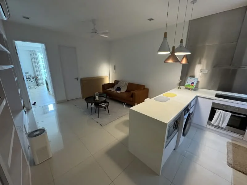 Living features: 3-seater fabric sofa in brown, coffee table, area rug, pendant lighting with three fixtures, white walls, tile flooring, ceiling fan, open kitchen layout, built-in cabinetry, stainless-steel appliances, kitchen island with countertop, recessed lighting; style: modern. Kitchen features: stainless-steel range hood, built-in oven, stainless-steel refrigerator, double-bowl stainless-steel sink, chrome pull-down faucet, white cabinetry, countertop with breakfast bar; style: modern.