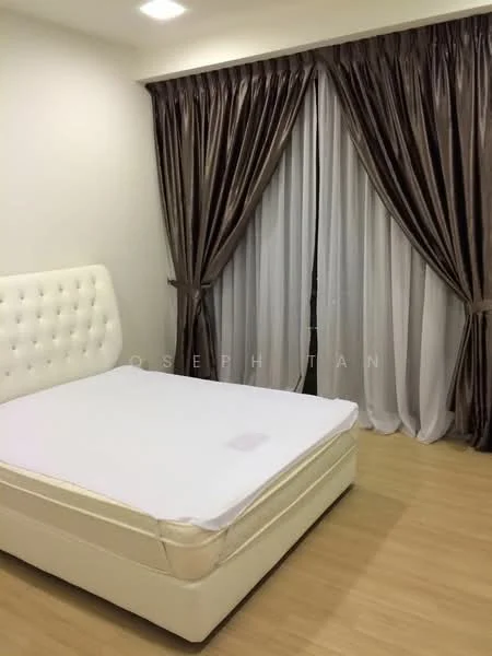 Bedroom features: queen-size bed with upholstered headboard, white bed frame, wooden flooring, white painted walls, floor-to-ceiling windows, sheer curtains, dark brown curtains, recessed downlights; style: modern.