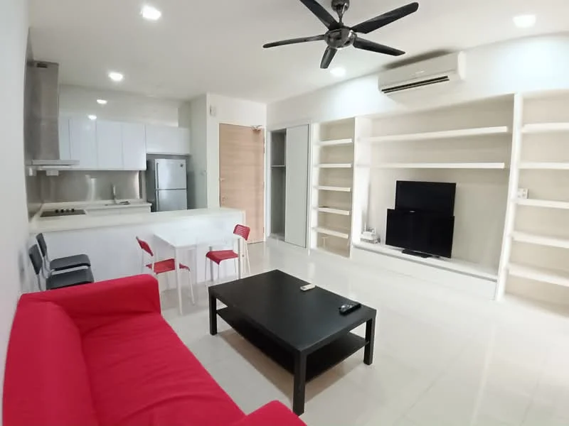 Living features: red fabric sofa, black coffee table, wall-mounted TV, white shelving unit, dining table with four chairs, recessed downlights, split air conditioning unit, ceramic tile flooring, light grey walls, kitchen area visible in background; style: modern.