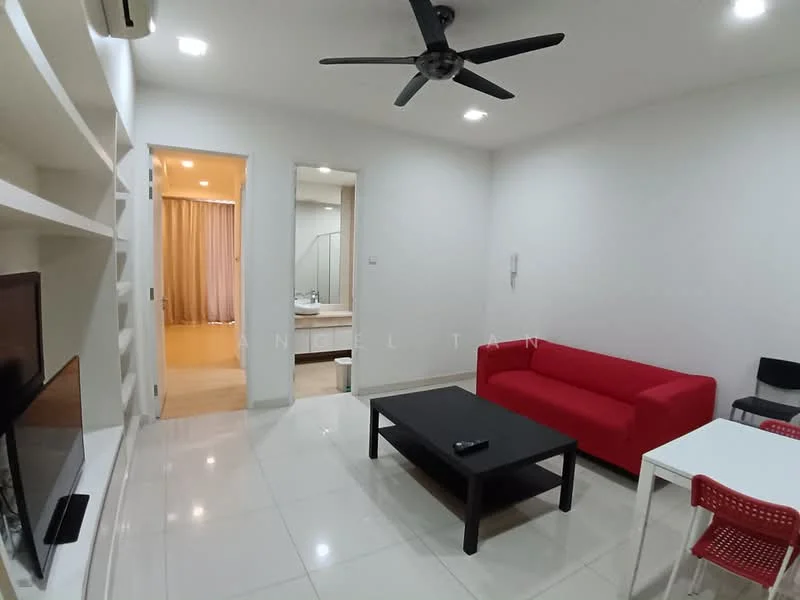 Living features: white painted walls, glossy tile flooring, 5-blade ceiling fan with light, red fabric sofa, black coffee table, wall-mounted TV, open shelving unit, sliding door to bathroom, doorway to bedroom, LED lighting, decorative wall clock; style: modern. Room features: white painted walls, glossy tile flooring, curtains, doorway to bathroom.
