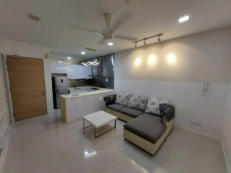 Living features: 3-seater fabric sofa in grey, coffee table, wall-mounted TV, kitchen island with seating, white cabinets, stainless-steel fridge, built-in oven, ceramic tile flooring, recessed LED downlights, ceiling fan, white painted walls, open layout to kitchen; style: modern.