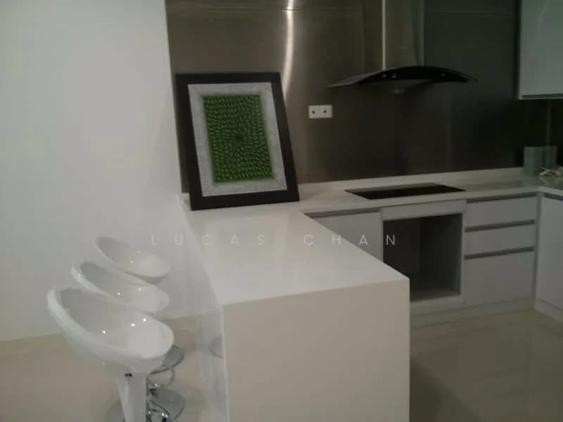 Kitchen features: white countertop, stainless-steel backsplash, stainless-steel range hood, built-in cooktop, white cabinetry, bar stools, glossy floor tiles, framed artwork; style: modern.