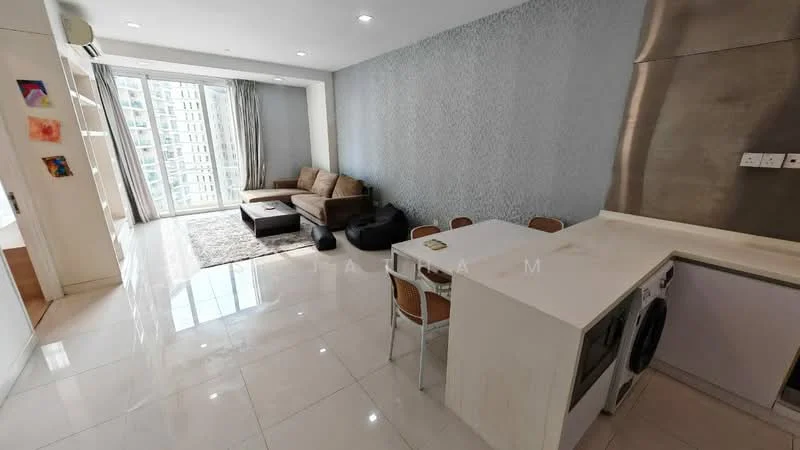 Living features: large floor-to-ceiling windows, grey accent wall, white painted walls, marble tile flooring, 3-seater fabric sofa in brown, coffee table, area rug with geometric pattern, TV console, wall-mounted TV, recessed downlights, 1 wall-mounted split AC, decorative artwork on walls; style: modern; view: city. Kitchen features: white cabinetry, stainless-steel appliances, single-bowl stainless-steel sink, chrome pull-down faucet, built-in washing machine, breakfast bar with seating for 4, marble countertop, recessed downlights; style: modern.