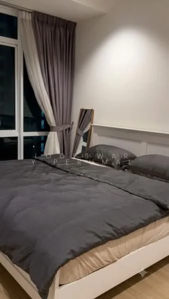 Bedroom features: king-size bed with grey bedding, upholstered headboard, floor-to-ceiling windows, sheer curtains, blackout curtains, wooden flooring, decorative mirror, nightstand, table lamp; style: modern; view: city.