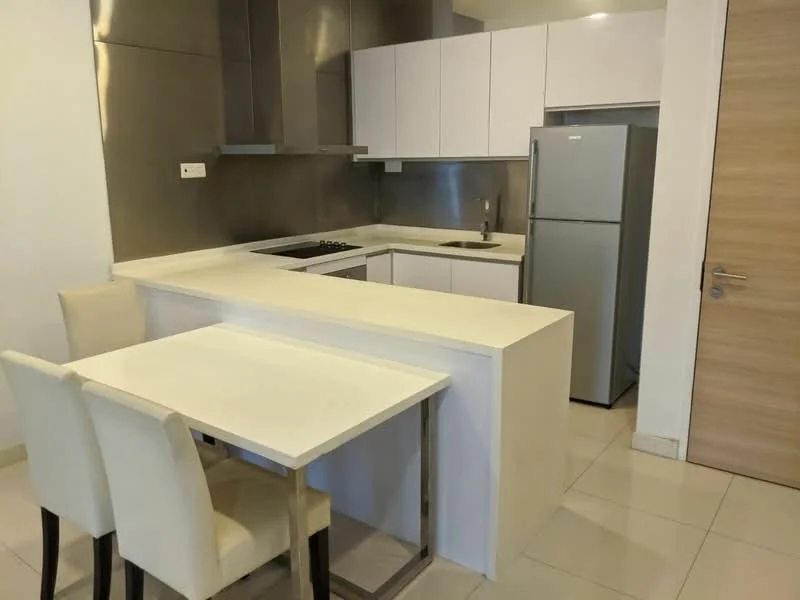Kitchen features: white cabinetry, stainless-steel backsplash, white countertop, built-in stove with 4 burners, stainless-steel range hood, single-bowl stainless-steel sink, chrome pull-down faucet, stainless-steel fridge, tile flooring, dining table for 2, upholstered dining chairs; style: modern.