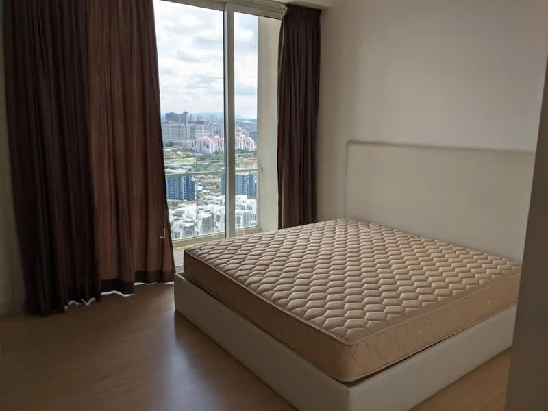 Bedroom features: queen-size bed, light wood flooring, floor-to-ceiling windows, brown curtains, white painted walls, city view, mattress without beddings, minimalist design; style: modern; view: city.