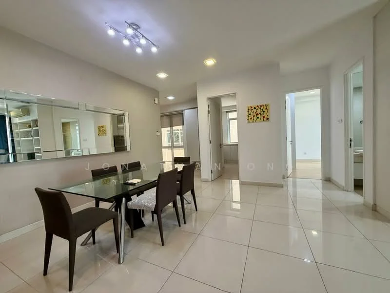 Dining features: glass dining table, 4 upholstered dining chairs in brown, white painted walls, tile flooring, recessed downlights, mirror on wall, decorative artwork on wall, open layout to adjacent rooms; style: modern. Room features: white painted walls, tile flooring, doorway to adjacent rooms, natural light from windows.