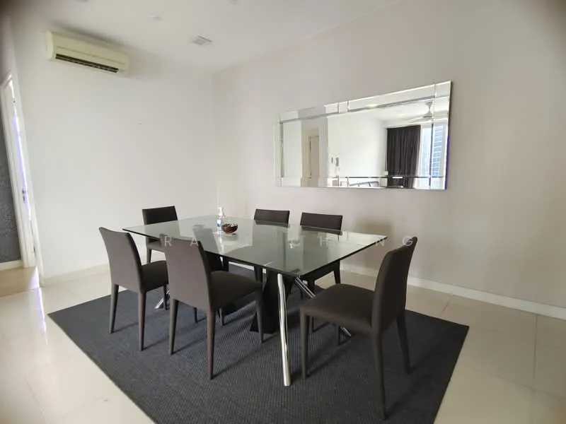 Dining features: glass dining table, 6 upholstered dining chairs in dark fabric, black area rug, recessed downlights, wall-mounted mirror, white painted walls, tile flooring, 1 wall-mounted split AC; style: modern.