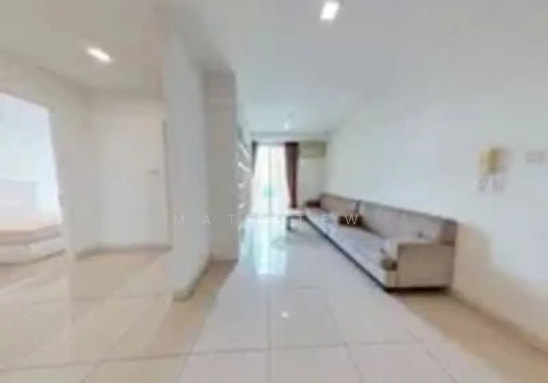 Living features: white painted walls, glossy tile flooring, recessed downlights, large windows with curtains, 3-seater fabric sofa in beige, coffee table, TV console, area rug, open layout, air conditioning unit; style: modern.