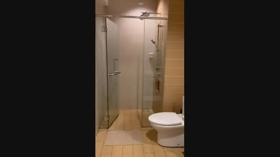 Bathroom features: walk-in shower with glass enclosure, rain shower head, handheld shower, one-piece toilet, tile flooring, cream tiled walls, glass shower door, chrome shower fixtures; style: modern.