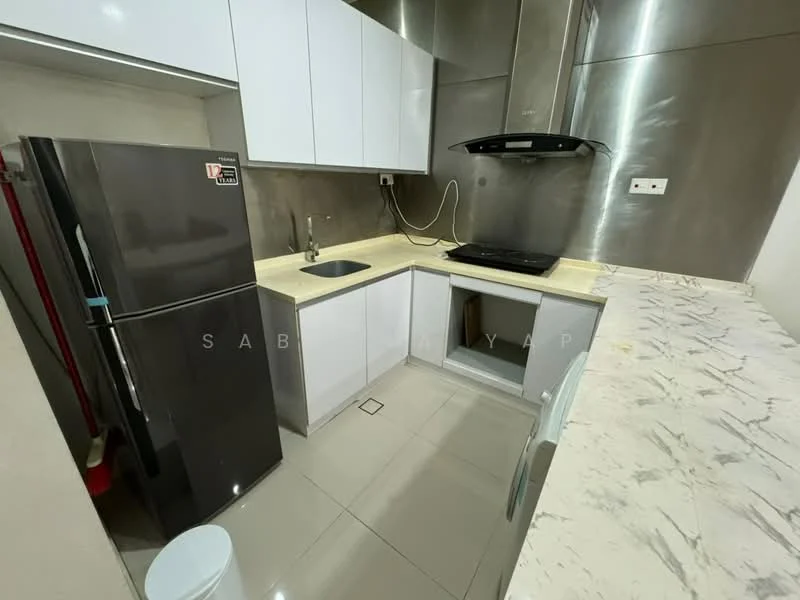 Kitchen features: stainless-steel fridge, single-bowl stainless-steel sink, chrome pull-down faucet, marble countertop, white flat-panel cabinets, built-in oven, stainless-steel range hood, ceramic tile flooring, grey backsplash, recessed downlights, wall-mounted cabinets, open shelving; style: modern.