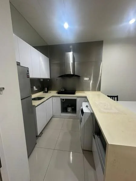 Kitchen features: white shaker cabinets, stainless-steel refrigerator, stainless-steel range hood, built-in oven, double-bowl stainless-steel sink, chrome pull-down faucet, cream-colored countertop, ceramic tile flooring, recessed LED downlights, washing machine, dishwasher, open shelving; style: modern.