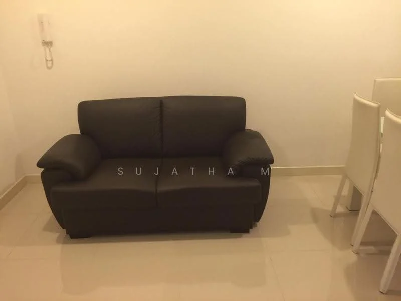 Living features: black leather sofa, white dining table, white dining chairs, glossy tile flooring, white painted walls, light-colored baseboards, telephone wall unit; style: modern.