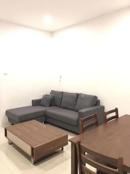 Living features: L-shape sectional sofa in grey, wood coffee table, dining table with chairs, white painted walls, recessed downlights, tile flooring; style: modern.