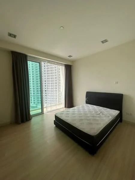 Bedroom features: queen-size bed, floor-to-ceiling windows, curtains, light wood flooring, recessed downlights, plain white walls, balcony access, city view; style: modern; view: city.