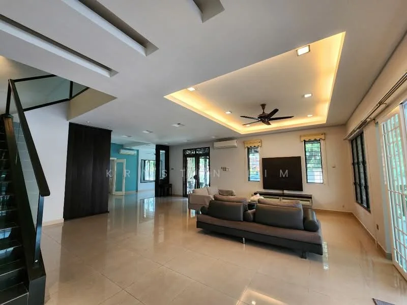 Living features: sofa in grey fabric, coffee table, wall-mounted TV, 5-blade ceiling fan with light, recessed downlights, tray ceiling, large windows with sheer curtains, cream painted walls, glossy tile flooring; style: modern; view: garden. Room features: open layout, staircase with glass railing, natural light from windows.