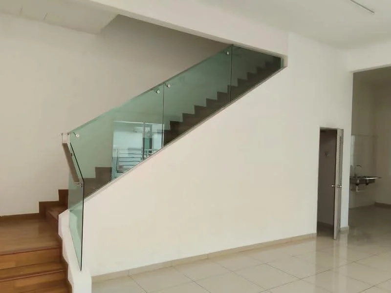 Room features: glass railing, wooden staircase, white painted walls, tile flooring, natural light from windows, open space, minimalist design; style: modern.