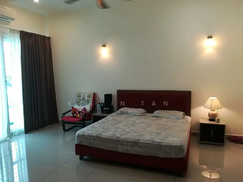 Bedroom features: king-size bed, upholstered headboard, 2 bedside lamps, wooden bedside table, floor-to-ceiling windows, sliding glass door, curtains, ceiling fan, wall-mounted light fixtures, tile flooring, decorative chair, decorative throw blanket; style: modern.