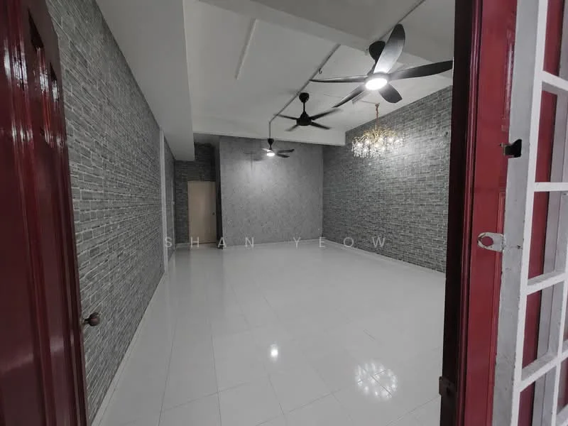 Room features: grey exposed brick accent wall, white painted walls, polished ceramic tile flooring, 5-blade ceiling fan with light, 5-blade ceiling fan with light, chandelier, high ceiling, large open space; style: modern.