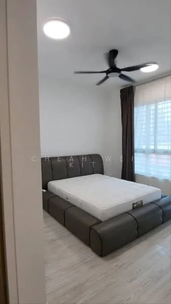Bedroom features: queen-size bed frame, mattress on bed frame, 5-blade ceiling fan, recessed ceiling lights, large window with sheer curtains, wooden flooring, neutral wall color, dark brown curtains; style: modern.