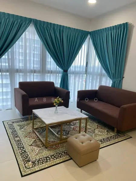 Living features: two brown fabric armchairs, white marble coffee table, gold metal frame on coffee table, decorative area rug with intricate pattern, small beige ottoman, floor-to-ceiling windows, sheer white curtains, turquoise drapes, light ceiling with recessed lighting; style: modern.