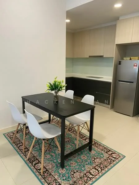Dining features: black dining table, 4 white plastic dining chairs, area rug with floral pattern, light wood cabinetry, black lower cabinets, white backsplash, stainless-steel fridge, countertop with integrated sink, recessed downlights, neutral tile flooring; style: modern. Kitchen features: black lower cabinets, light wood cabinetry, white backsplash, integrated countertop with sink, stainless-steel fridge, recessed downlights; style: modern.